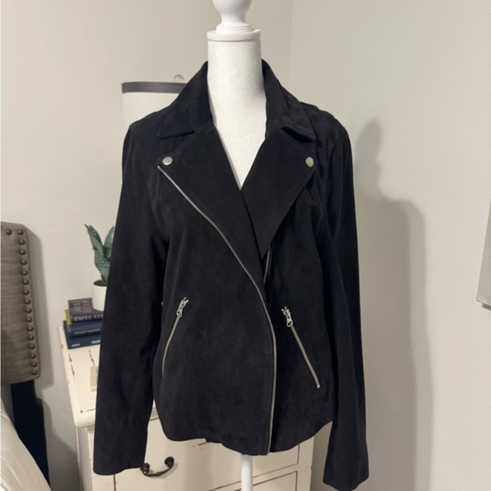 Quince Charcoal Black Suede Leather Jacket, Size Large